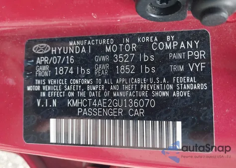 2016 Hyundai Accent Se from USA, damaged, VIN KMHCT4AE2GU136070